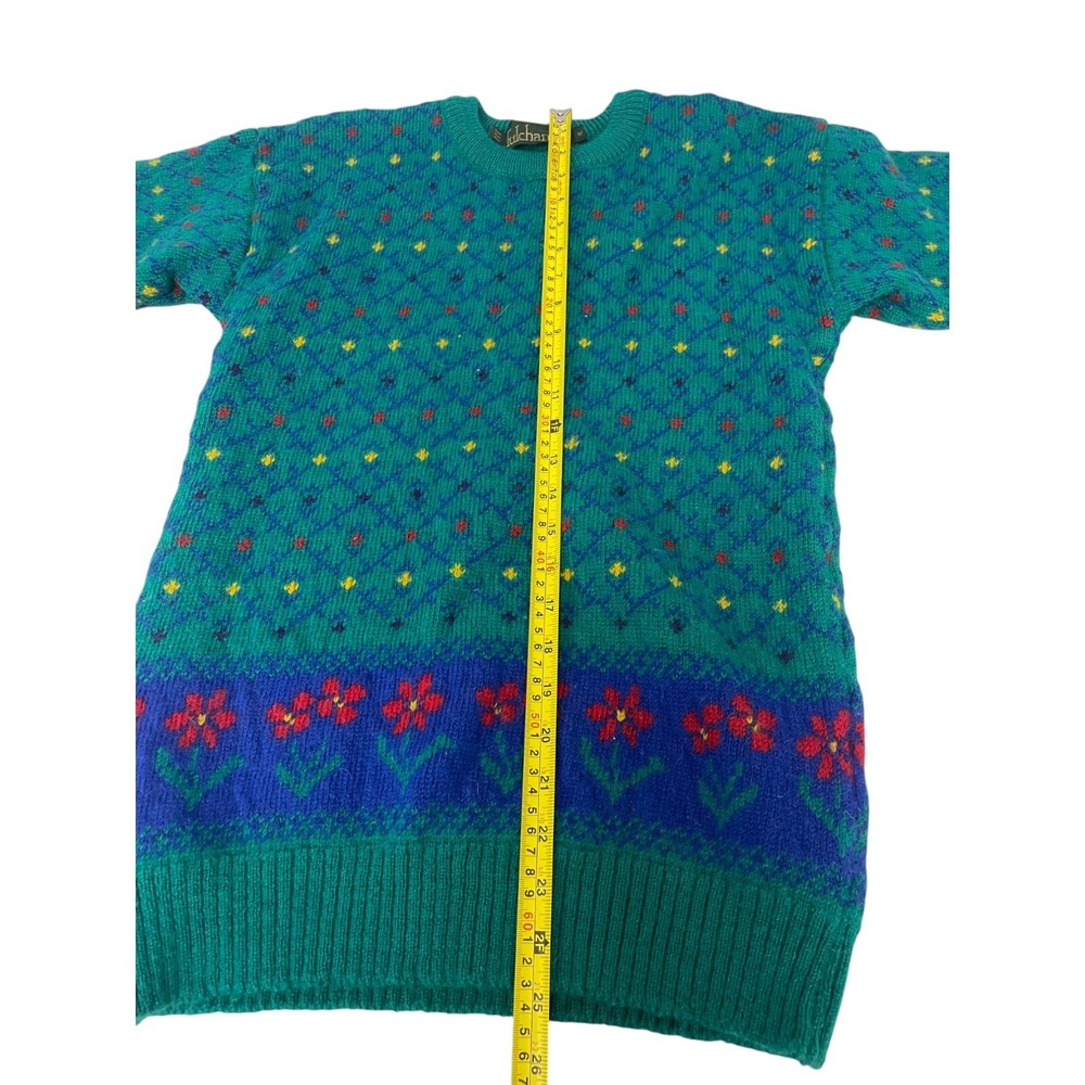Tulchan Pullover Wool Sweater Womens Medium Green Knit Vintage Flowers - Picture 8 of 9